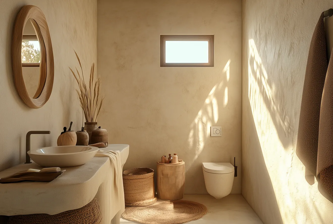 Belle salle de bain aux tons chauds où le tadelakt a été utilisé pour enduir le lavabo, le sol et les murs