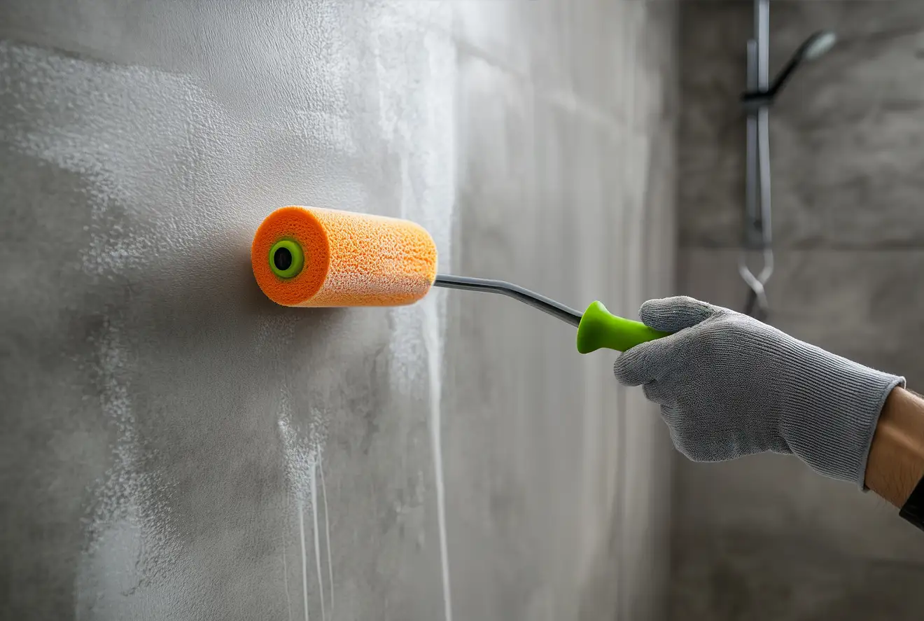 une personne appliquant de la cire pour béton ciré sur le mur 