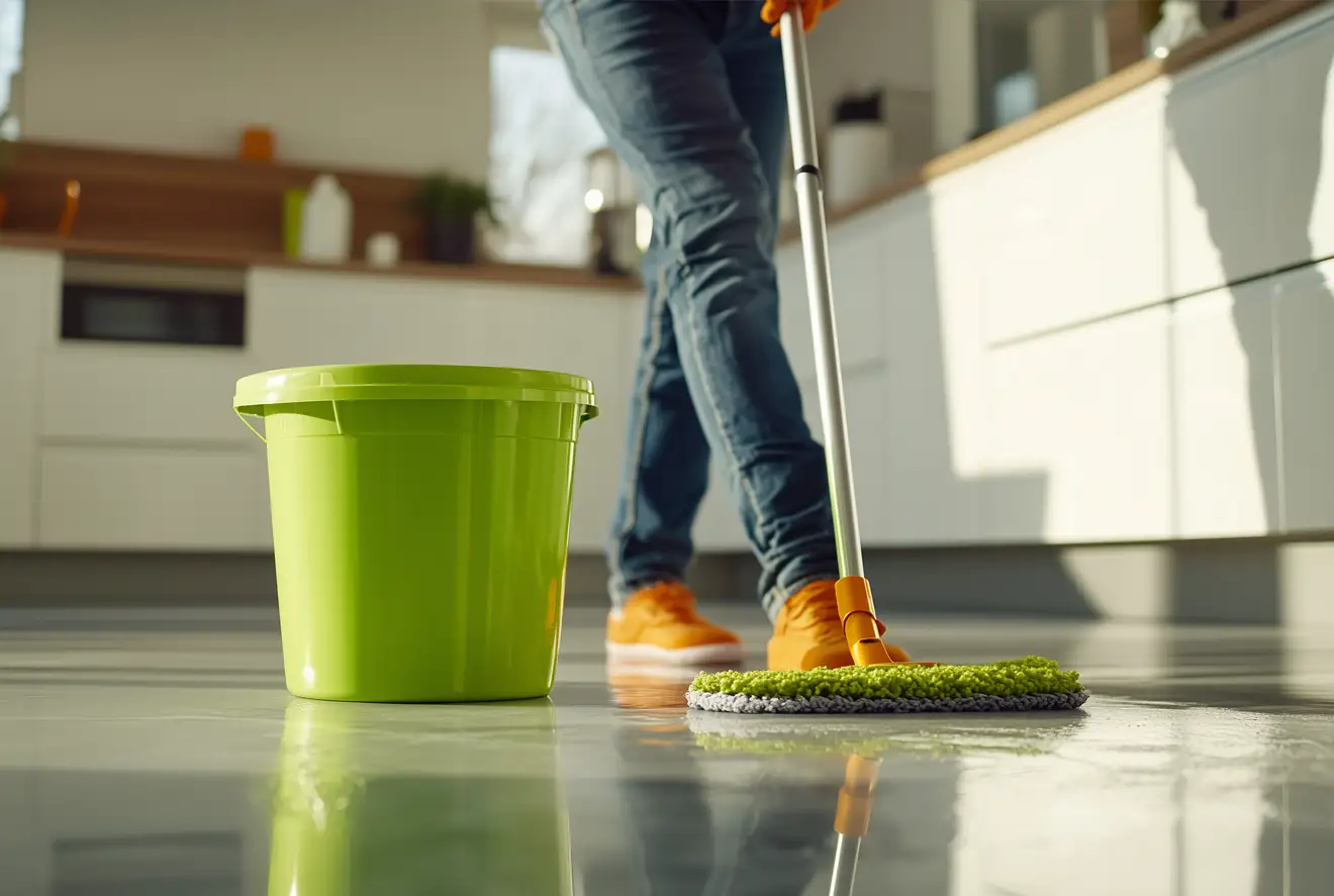 Personne nettoyant le béton ciré ciré sur le sol de la cuisine