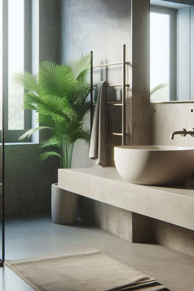 Salle de bains en béton ciré ton sable avec une grande plante dans le coin