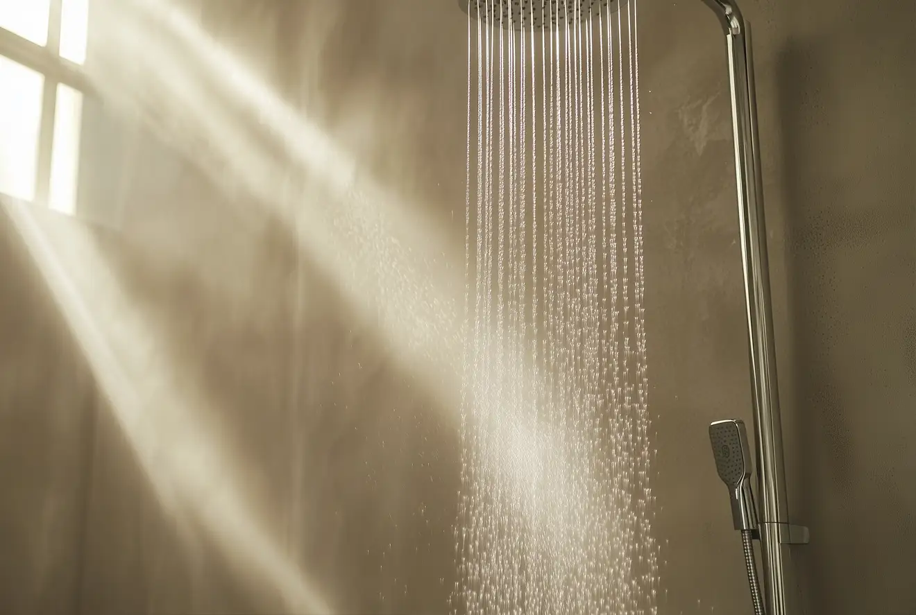 réflexion de la lumière dans une belle douche avec béton ciré comme enduit mural