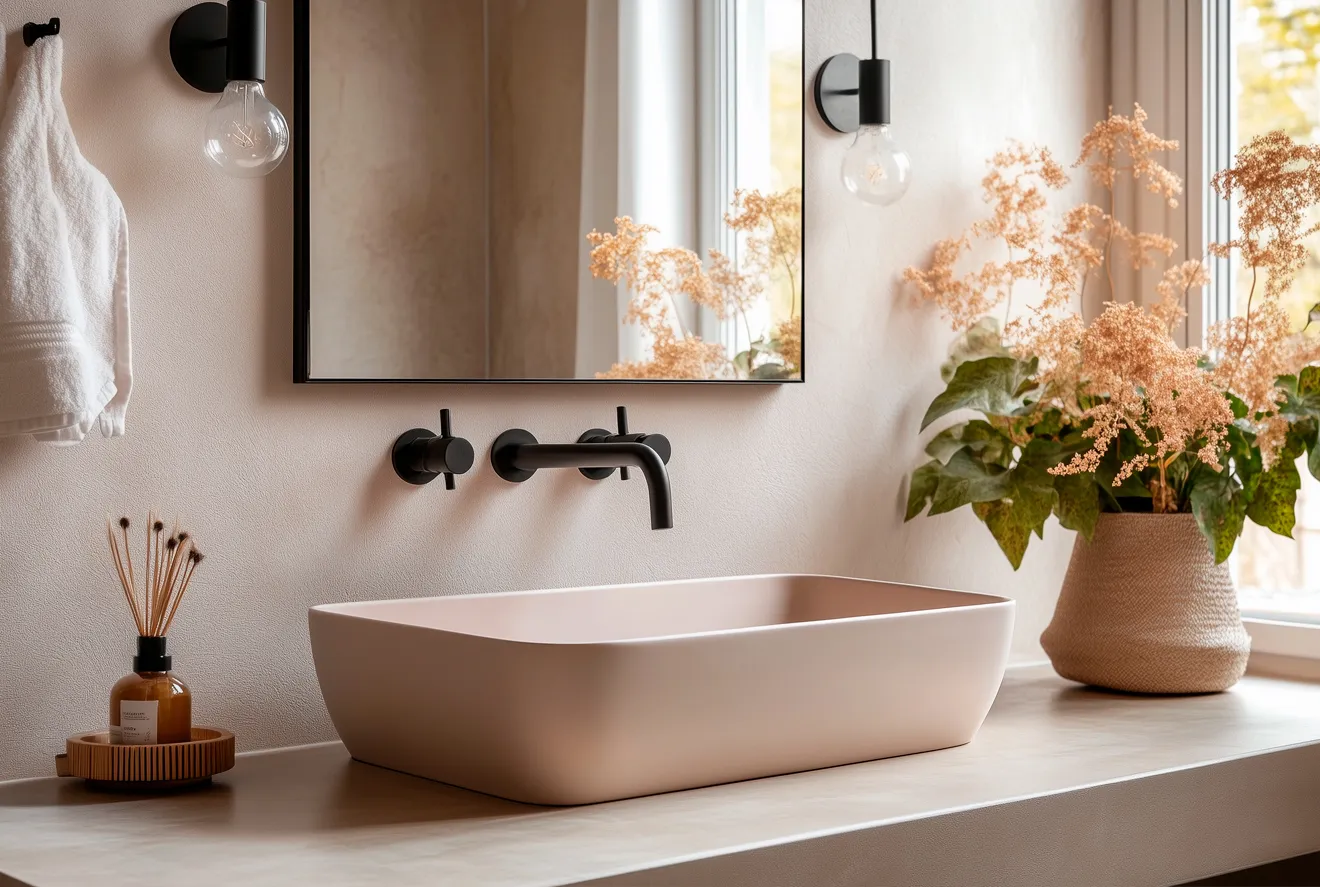 salle de bain moderne avec enduit de béton ciré couleur terre sur les murs 