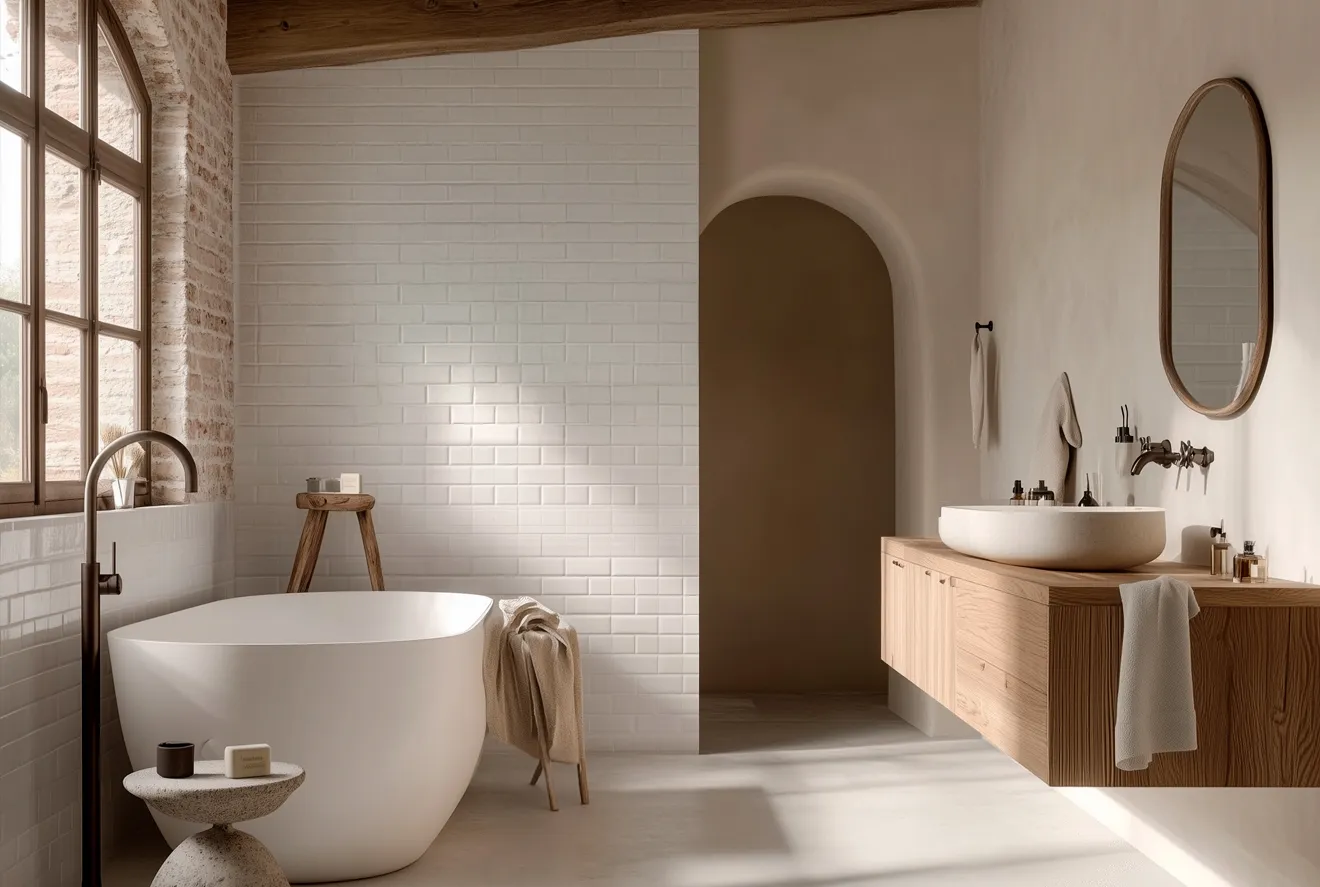 salle de bain très lumineuse avec enduit de béton ciré sur les murs et le sol