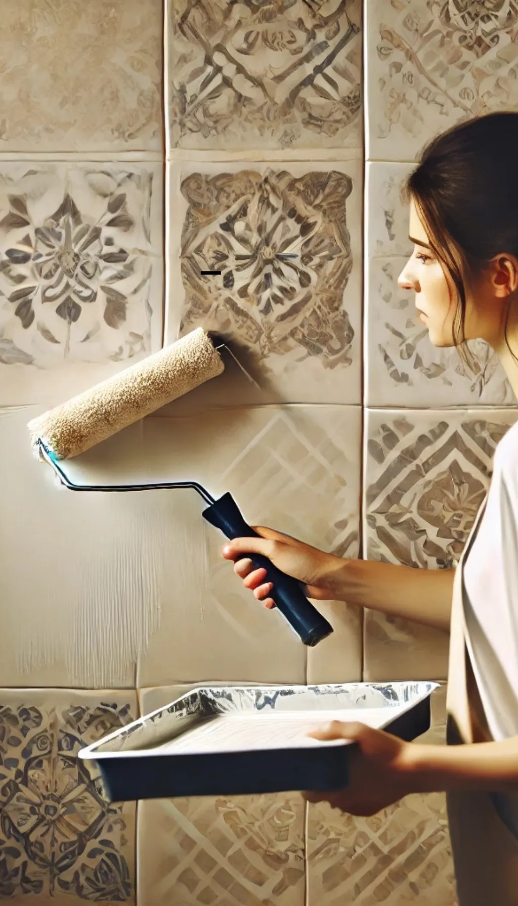 Jeune femme appliquant du béton ciré sur un mur en mode DIY, créant une finition pleine de personnalité et tendance.