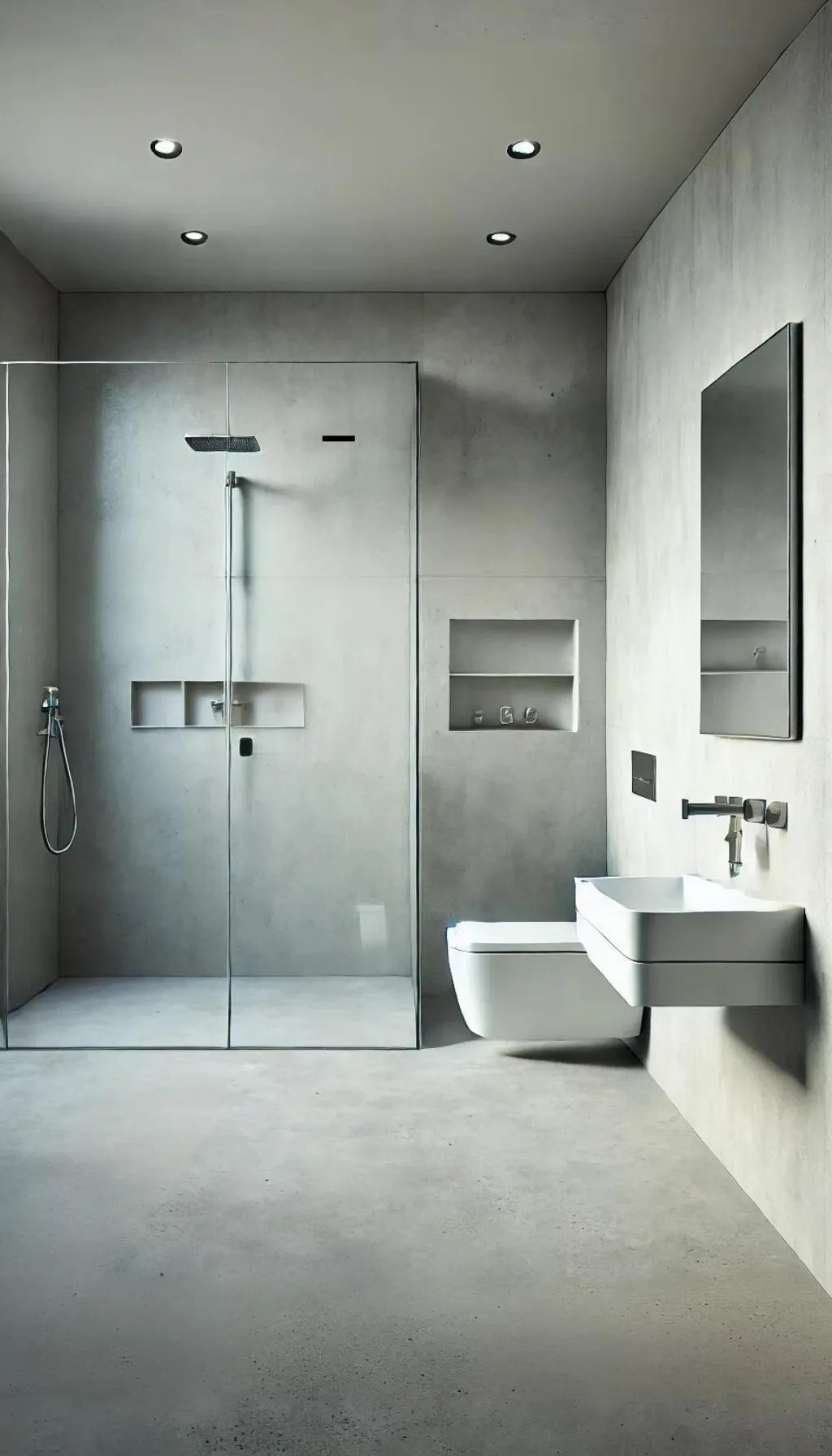 Salle de bain contemporaine revêtue de béton ciré dans des tons gris, créant une ambiance minimaliste et sans joints.