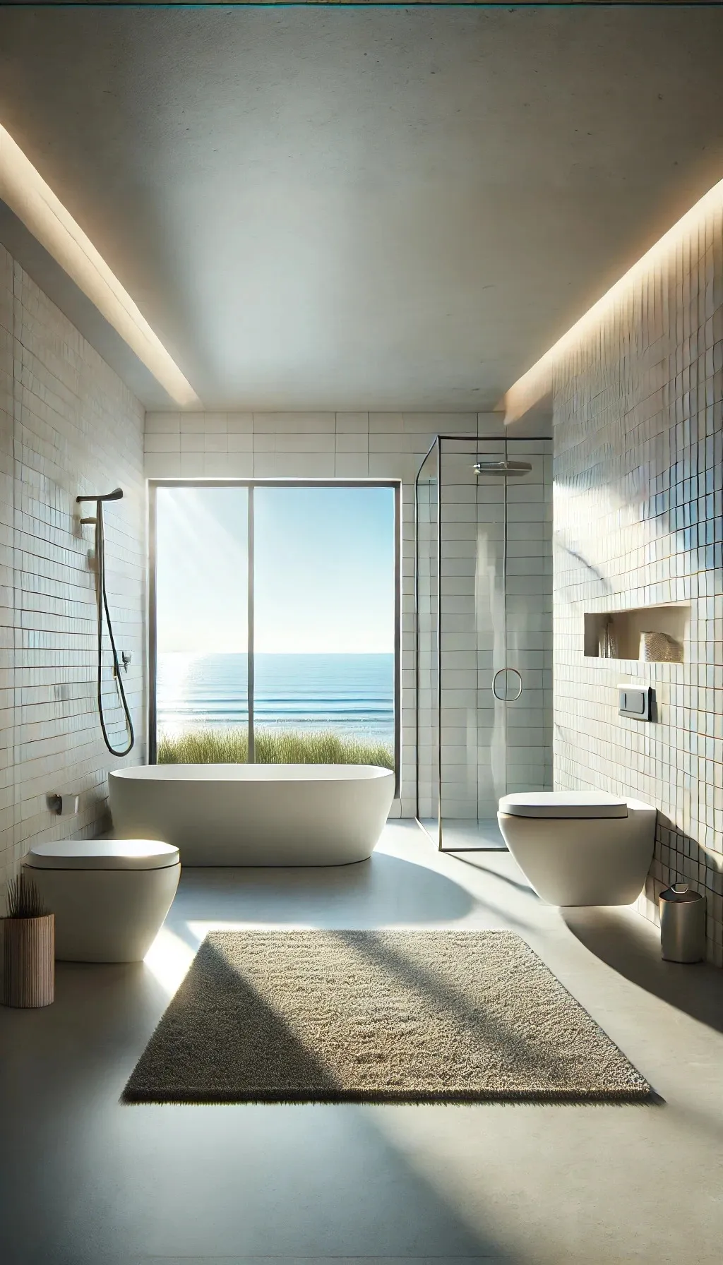 Salle de bain avec sol en béton ciré et une grande fenêtre vitrée inondant l'espace de lumière naturelle, créant une ambiance moderne et lumineuse.