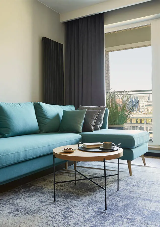 Living room decorated with low coffee table