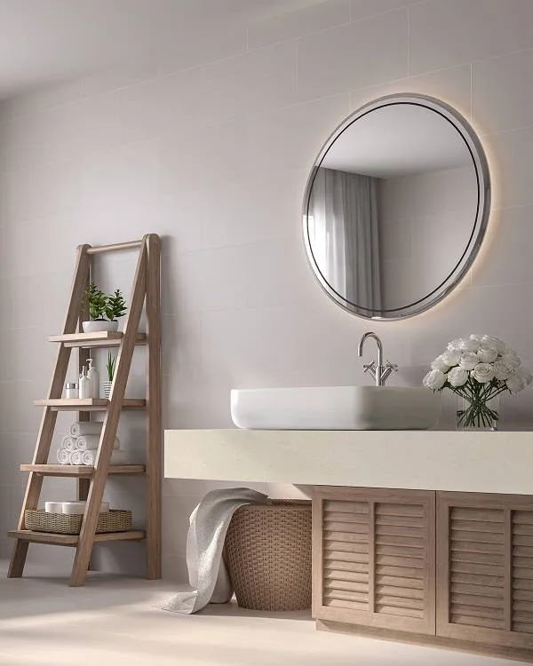 Bathroom with microcement on countertop and ceiling