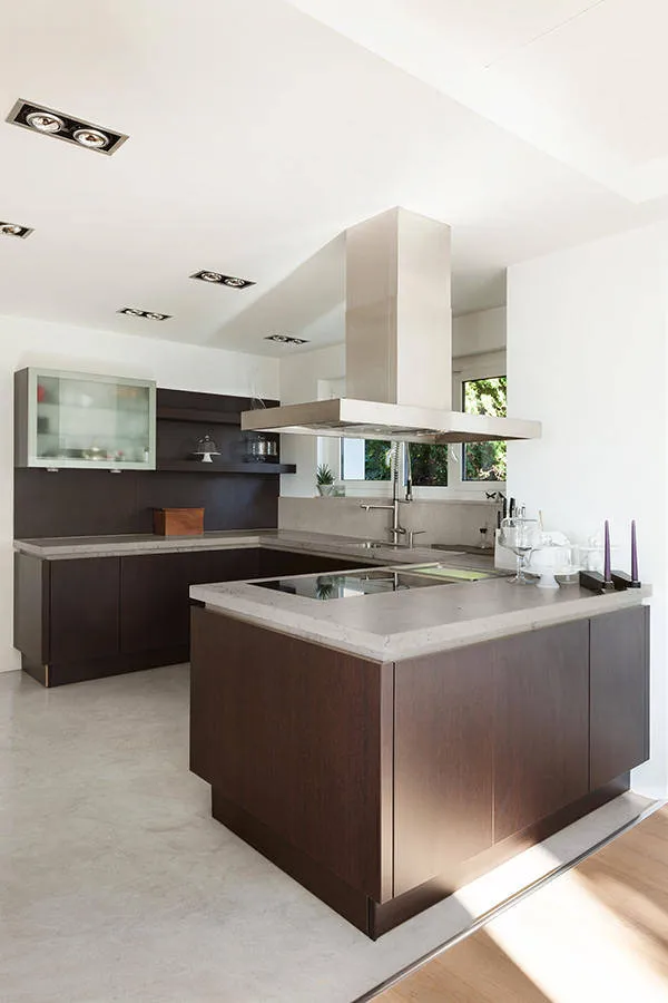 Beige microcement floor in kitchen