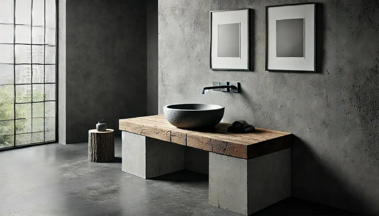 Salle de bain en beton ciré gris foncé avec un style rustique.