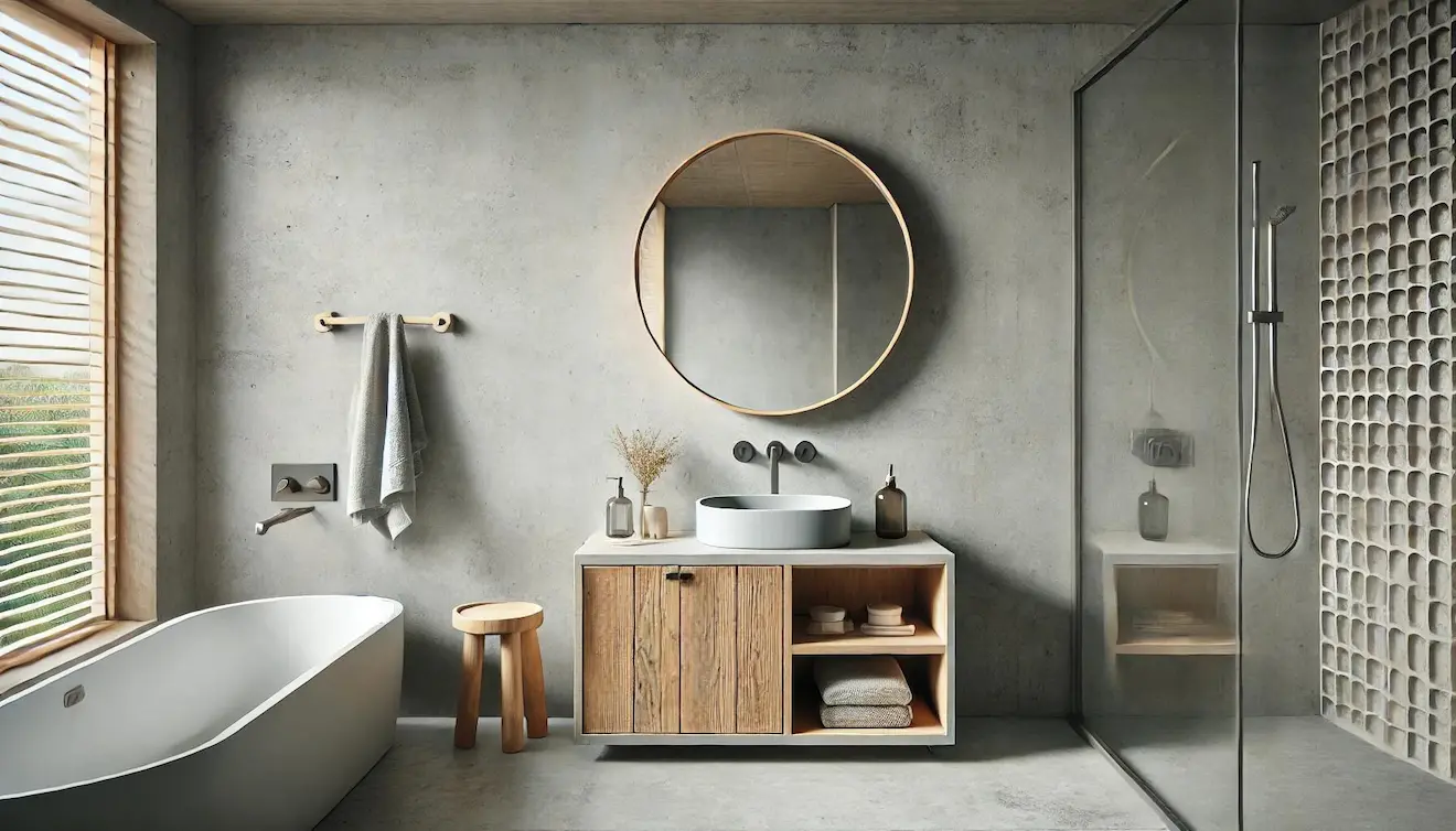 Salle de bain en beton ciré combinée avec des détails en bois et d'autres textures.