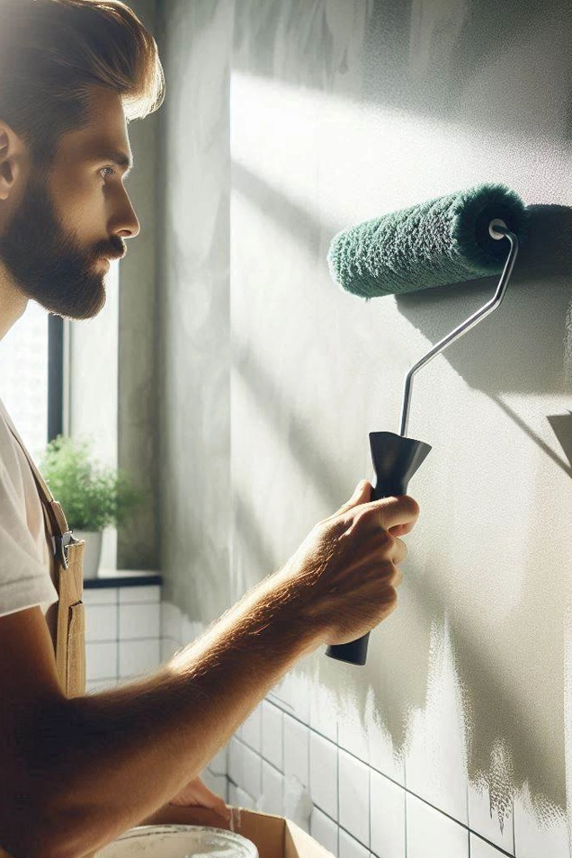 Application de béton ciré gris avec un rouleau sur des carreaux blancs