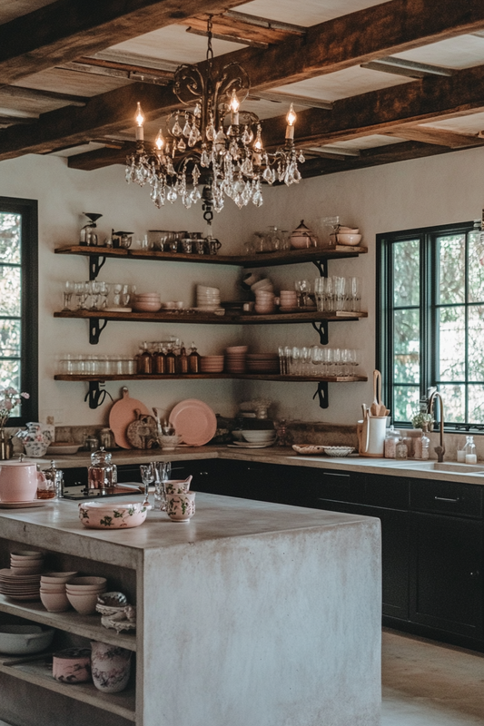 Vista de una imagen de una cocina rústica con una encimera de microcemento en color gris.