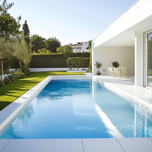 Vista del interior del jardín de una casa con piscina.